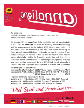 VOLVO Radlader/Lader Typ L30B & Deutz Diesel Motor Typ B/F4L 1011F Bild – Bedienungsanleitung & Wartungsanleitung & Bild- Ersatzteilliste - annoligno 723